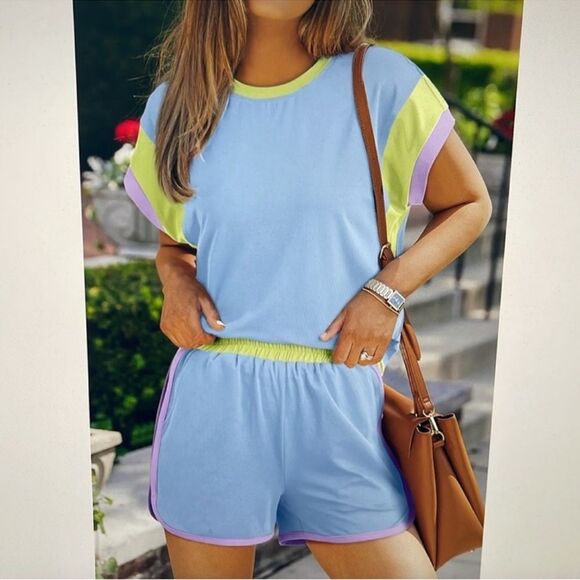 Blue Purple Green Shorts Set Stretch Knit Plus Size 2XL - Picture 2 of 7